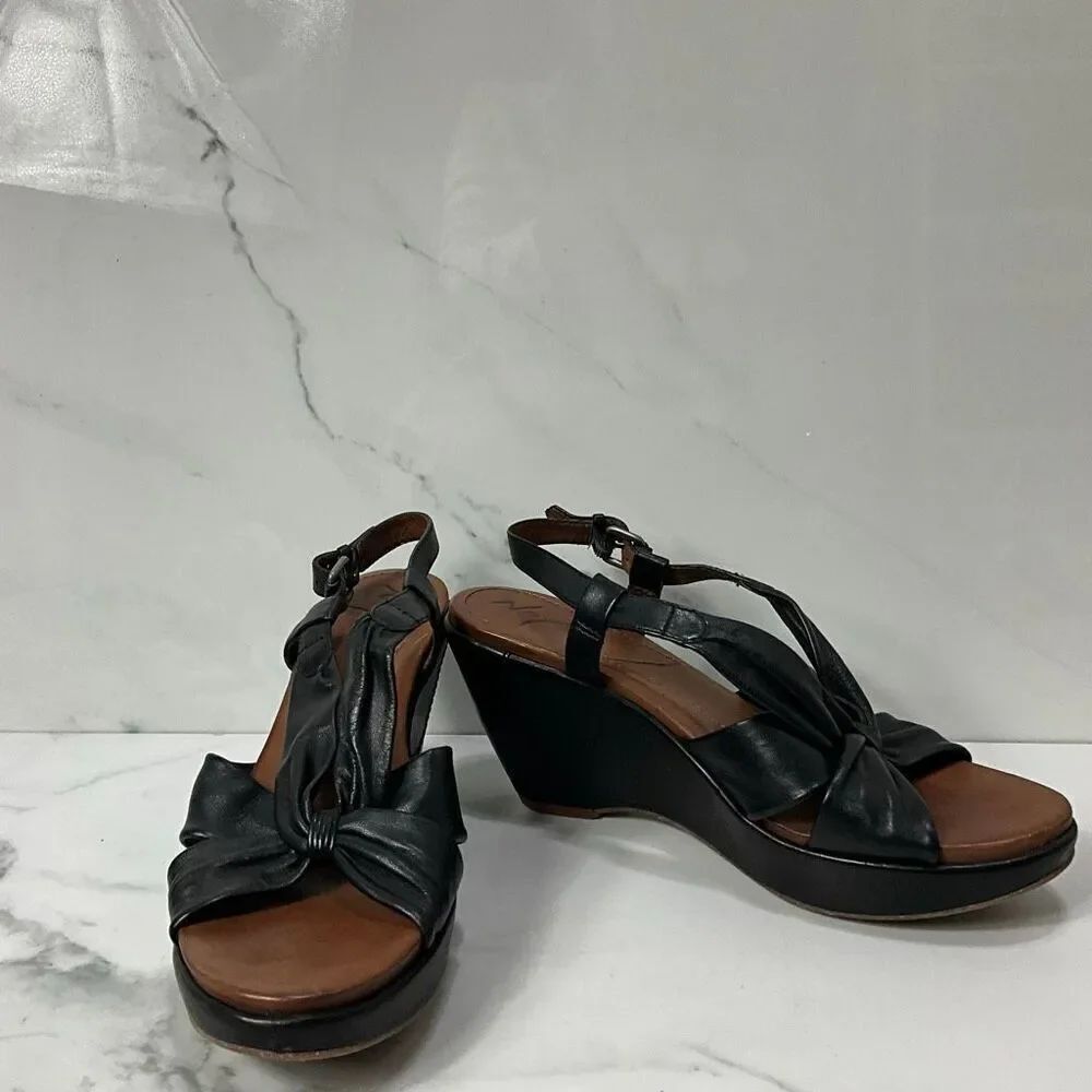 NAYA Black Leather Wedge Heel Sandals